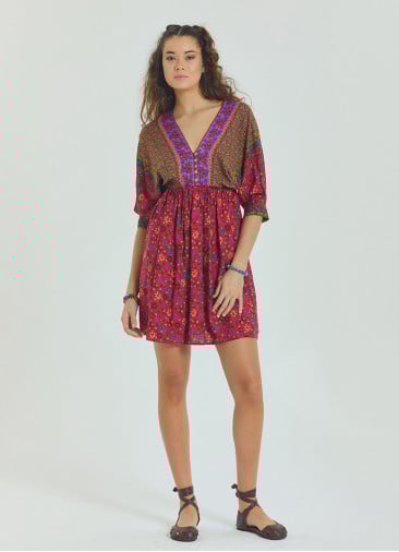 V Neck Elastic Waist Backless Red Floral Dress 4564